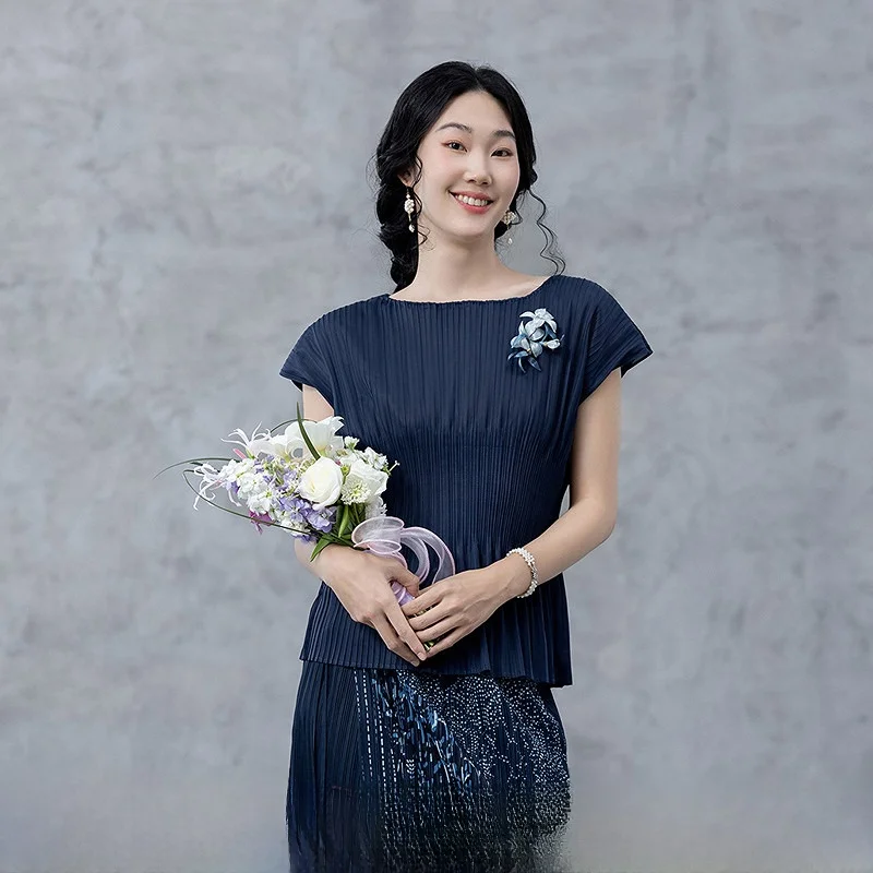 

Ele Slim Fit Pleated irt ort Sve Women's Top Vintage Sle Polyester Fiber Regular Length One-oulder Design