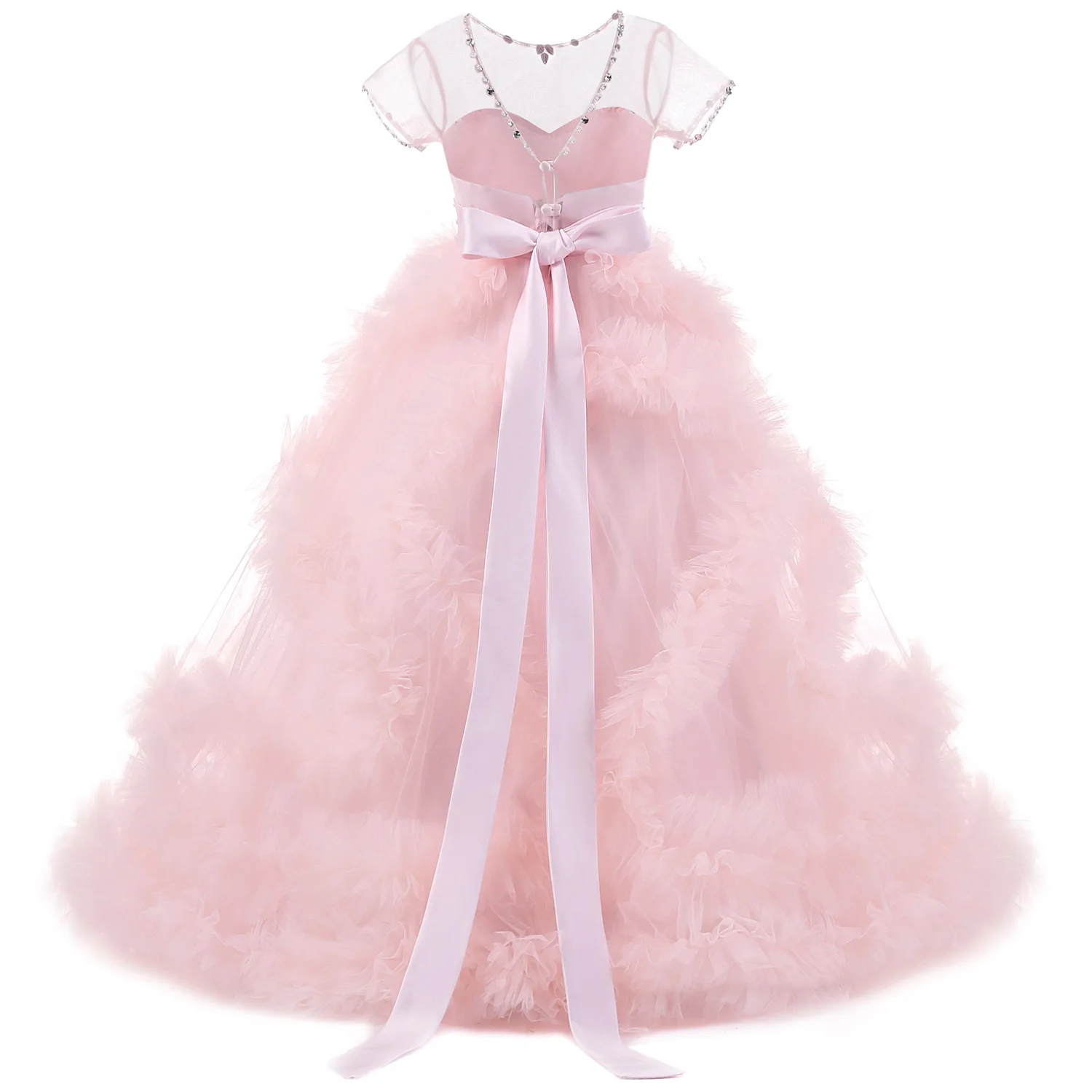 Fluffy Cute Ball Gown For Girls Short Sleeves Bow Tulle Children Formal Dresses Wedding Guest Gowns