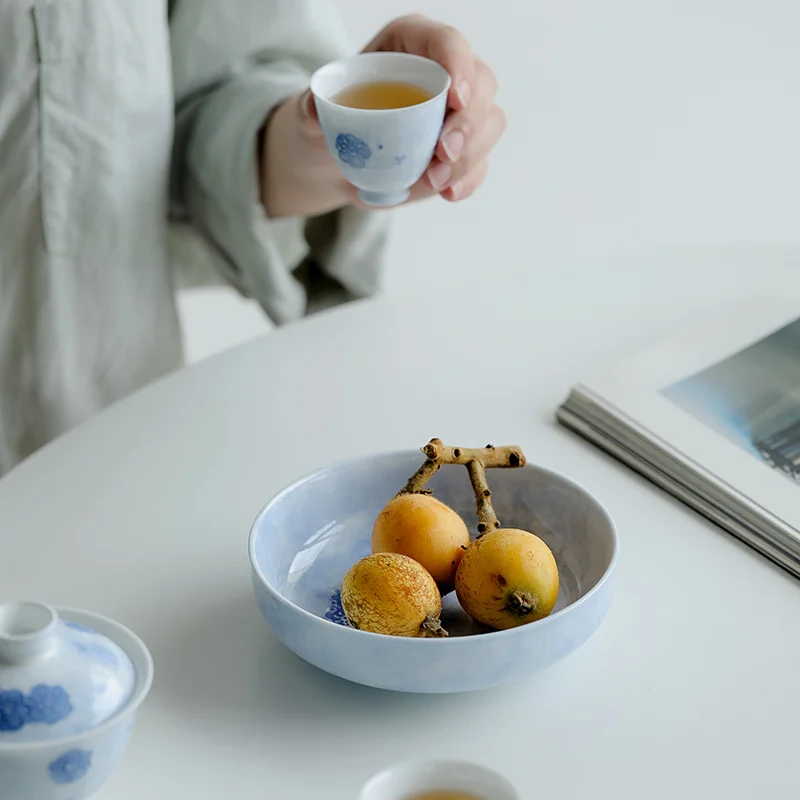 Pure Hand-painted Fog Blue Cherry Blossom Pot Bearing Ceramic Household Dry Brewing Small Tea Tray Cover Bowl Tray Fruit Plates