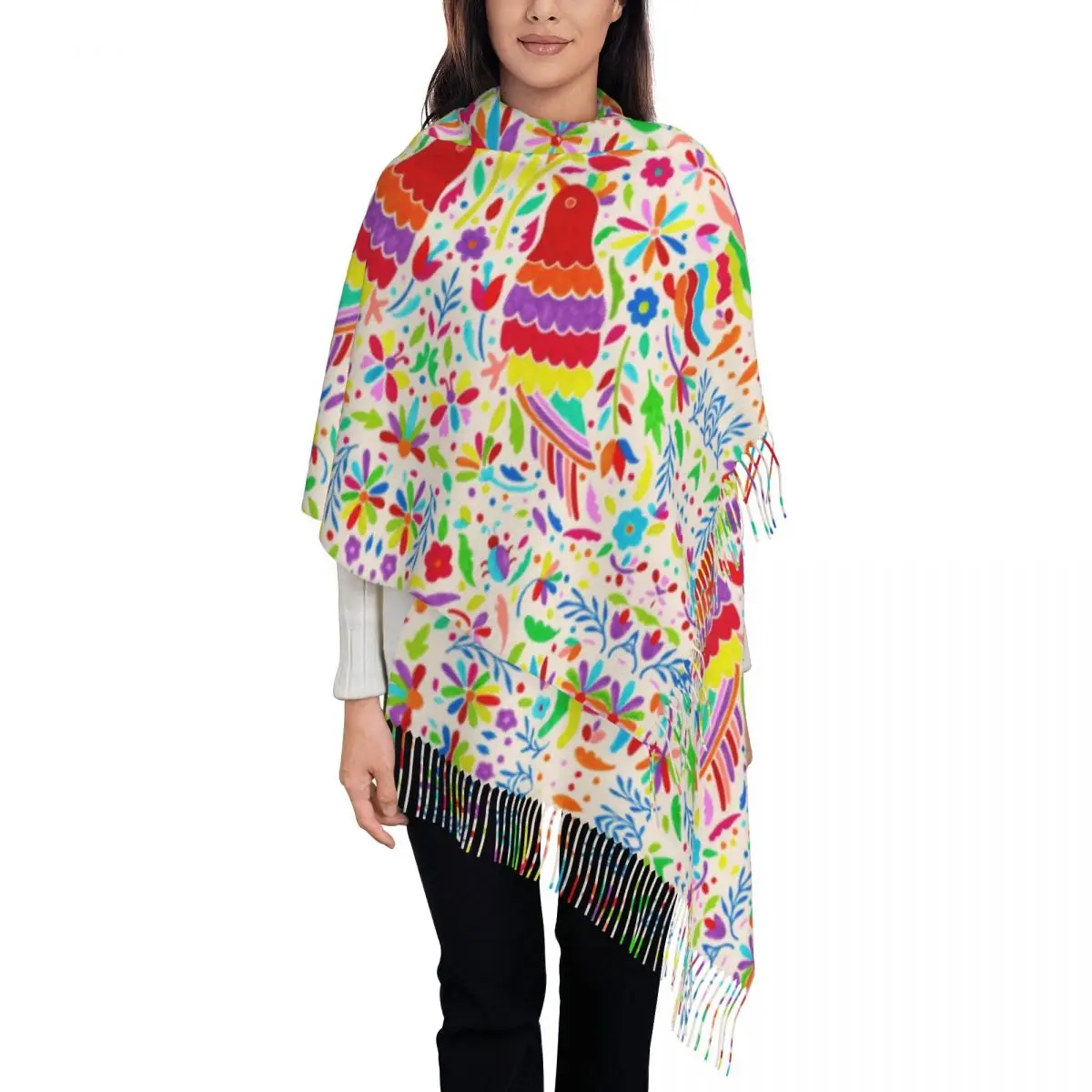 

Personalized Printed Mexican Otomi Birds Scarf Women Men Winter Fall Warm Scarves Animal Floral Folk Shawl Wrap