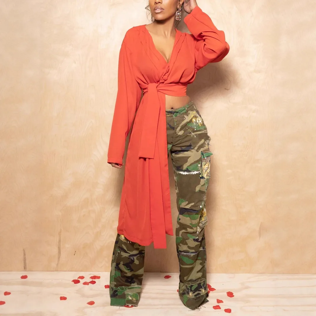 Cargo Pant Women Camouflage Long Pants Print High Waist Straight Trousers Y2k Streetwear Elegant Splice Work Casual 2025