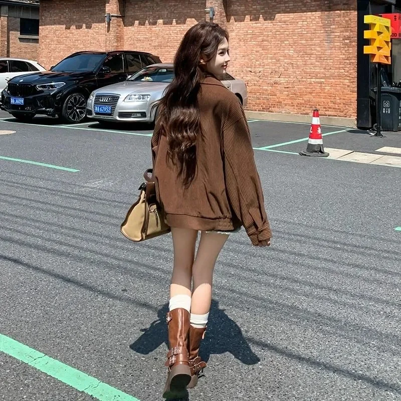 Woman Coffee Colored Lapel Jacket 2025 Spring and Autumn Women New Korean Version Lazy Solid Color Loose Casual Women's Jacket