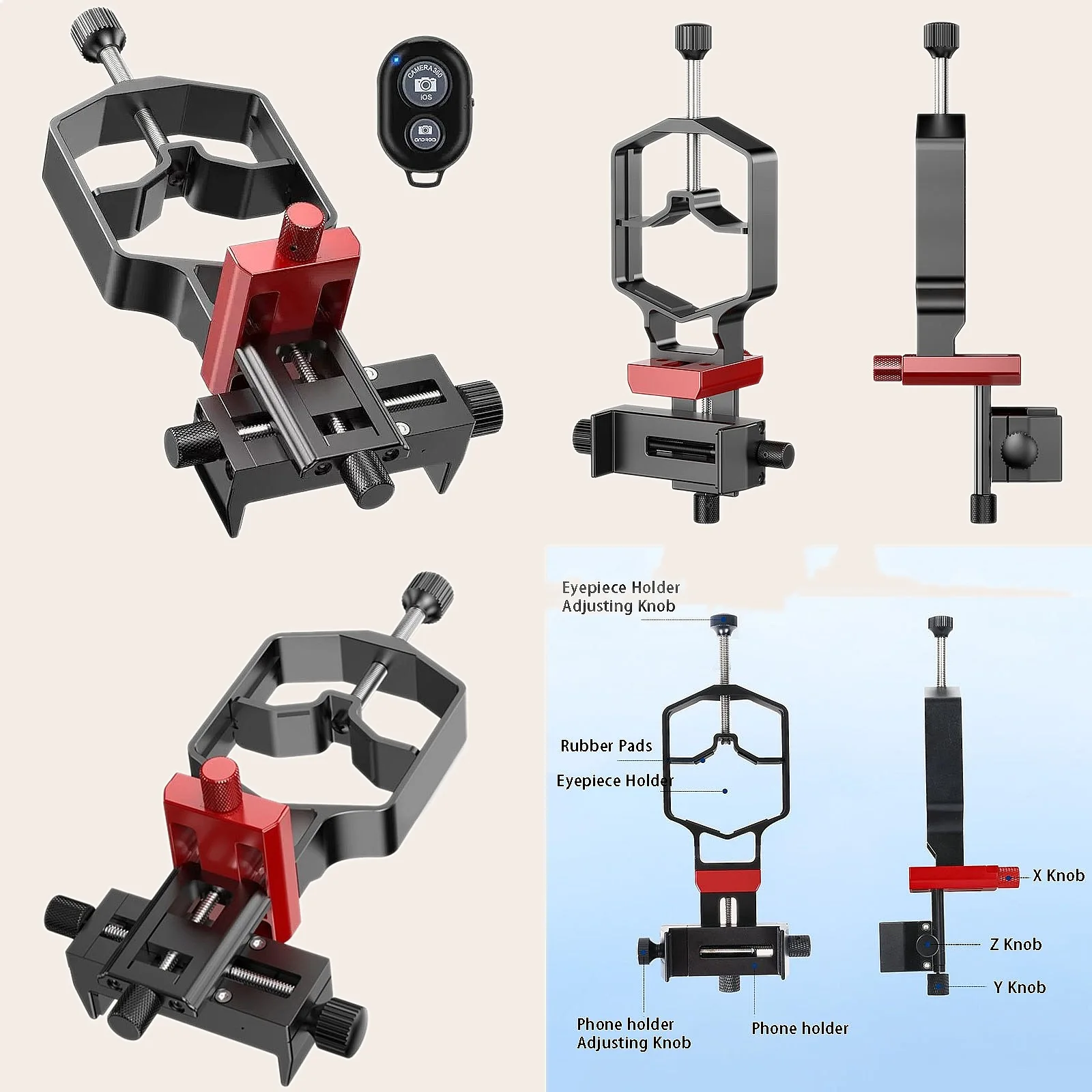 Astronomical Telescope Three-Axis Metal Phone Holder Adapter for Photography Microscope