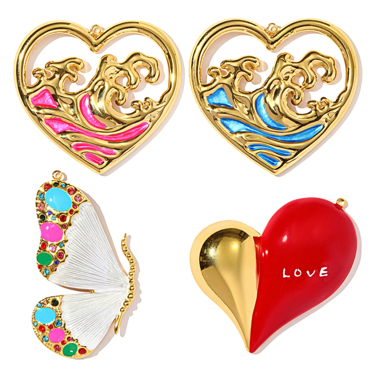 

3Pcs/Lot Stainless Steel Sea Waves Heart Charms Enamel Pendants For DIY Making Necklace Earrings Jewelry Accessory Wholesale