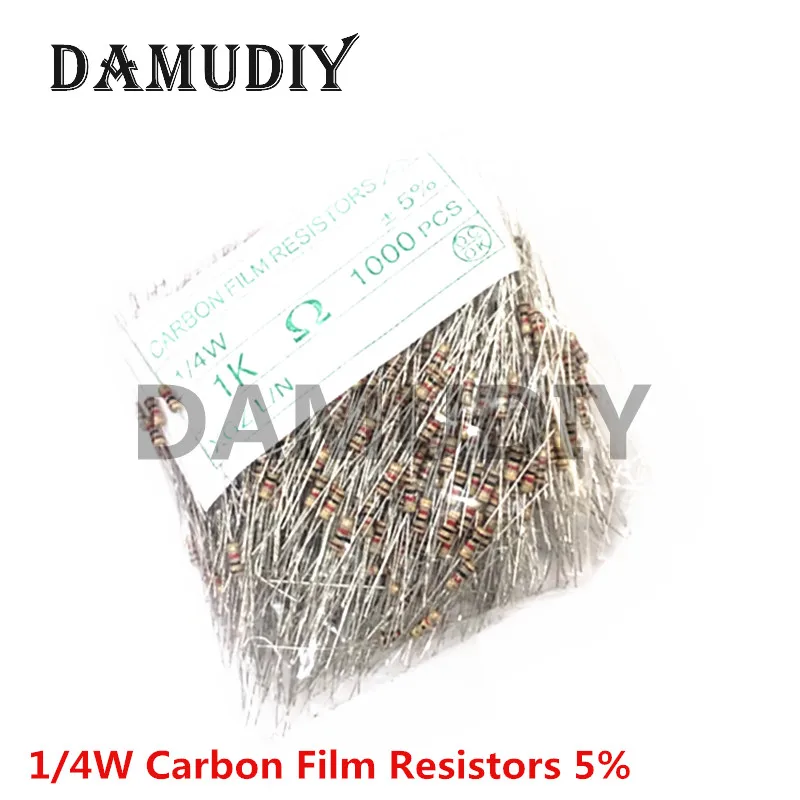 

1000pcs/Lot 1/4W Carbon Film Resistors 5% 1R-10M 0R 10R 47R 100R 220R 1K 10K 4.7K 22K 47K 100K 220K 470K 560K 1M ohm 0.25W