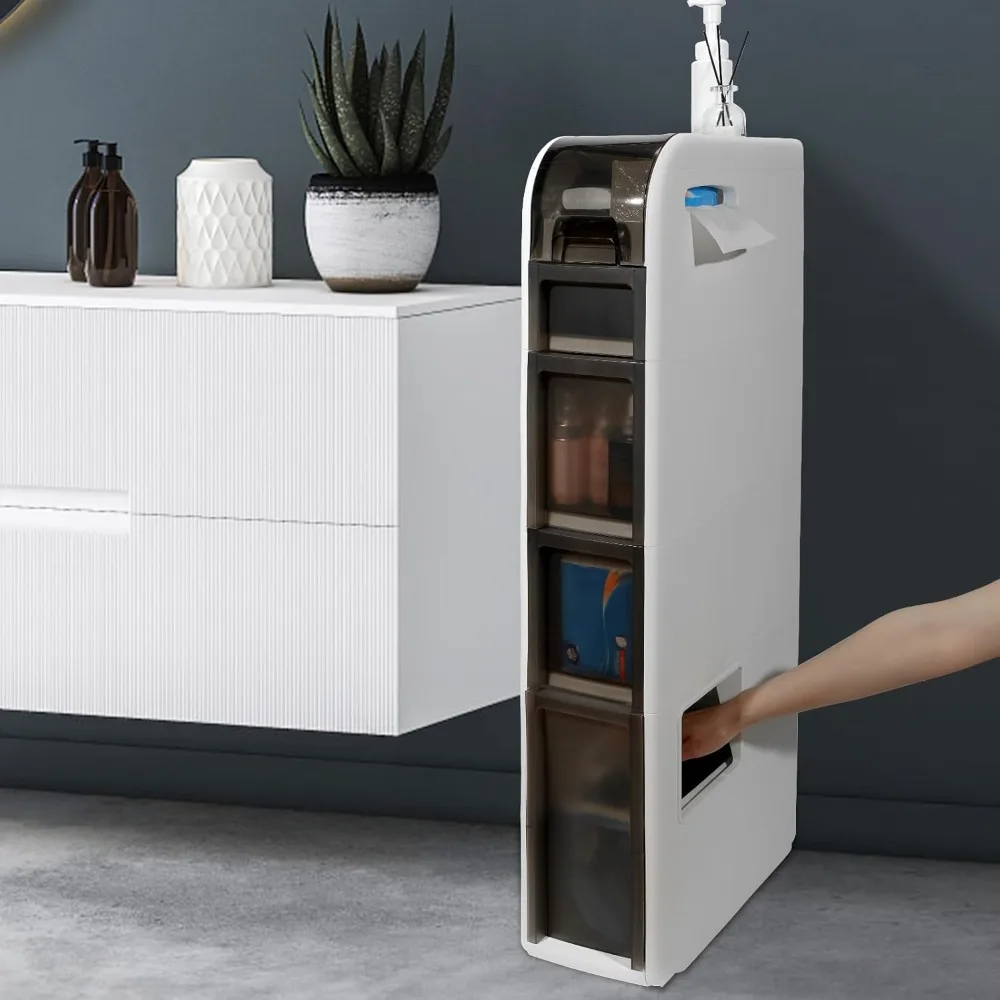 Bathroom Storage Cabinet, Waterproof Narrow Bathroom Floor Cabinet, with Trash Can and Movable Bathroom Storage Cabinet,Suitable