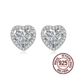 QooLady 925 Sterling Silver Classic Love Heart Shape Stud Earrings Cubic Zircon for Women Wedding Engagement Jewelry Gift SE019