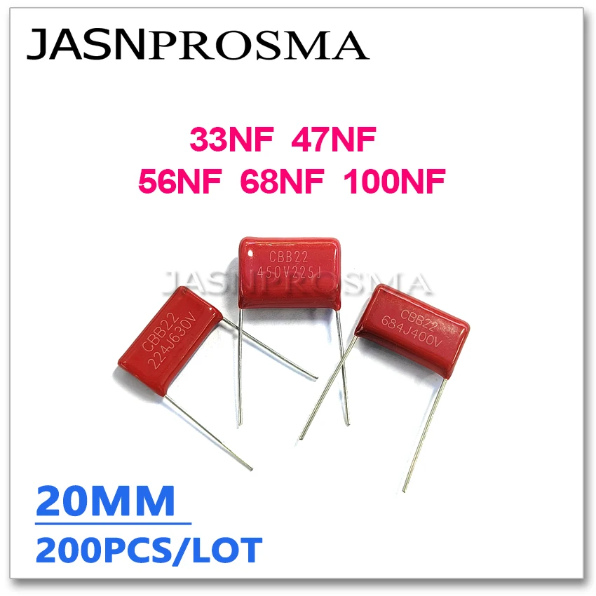 

JASNPROSMA CBB capacitor pitch 20MM 1600V 2000V 2KV 200PCS 33NF 47NF 56NF 68NF 100NF 333J 473J 563J 683J 104J 5% 0.1UF