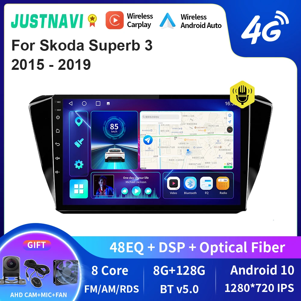 

JUSTNAVI QT10 Wireless CarPlay Android Auto Radio For Skoda Superb 3 2015 - 2019 Stereo Car Multimedia Video Player GPS DVD DSP