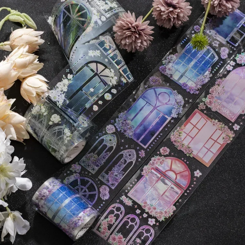 

Flower Window Scenery Masking Tape Transparent Collage Decorative Adhesive Label Scrapbooking Material Sticker Kawaii