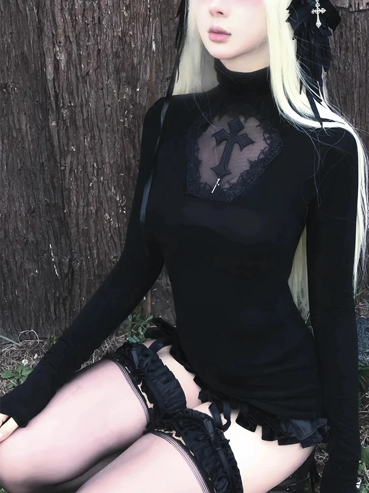 Gothic T-Shirt Cross Y2k Women Sweater Hollow Harajuku Turtleneck Pullover Japanese Fashion Slim Autumn Black Sweater Sexy