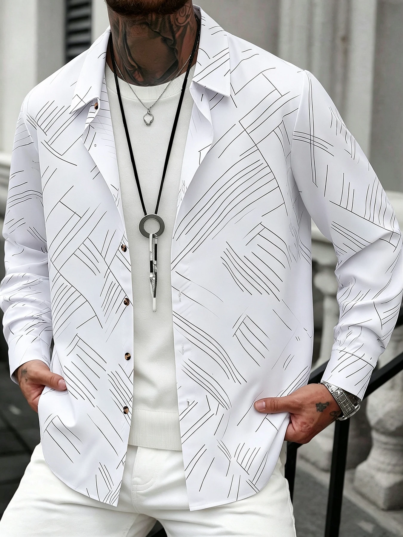 Men's White Abstract Line Print Turn-Down Collar Long-Sleeve Shirt, Vintage Wooden Button Thin Shirt, Spring and Autumn Loose Casual Commuter Wear, Layered and Versatile Men's Top