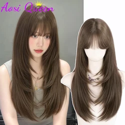 AOSI Synthetic Fiber Wigs for Women Long Straight Wavy Brown Wig with Bangs Heat Resistant Fashion Natural Daily Party