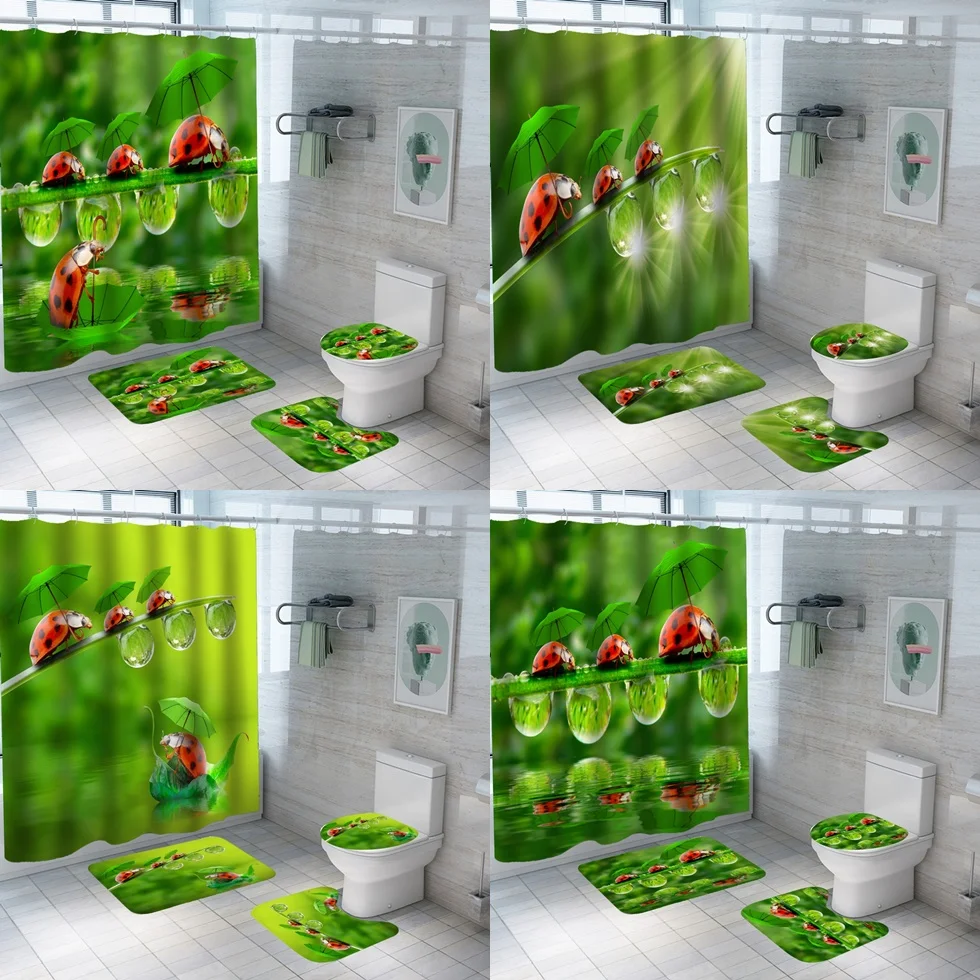 

Funny Ladybug Shower Curtain Set Spring Scenery Green Umbrella Bathroom Curtains Non-Slip Bath Mat Pedestal Rug Lid Toilet Cover