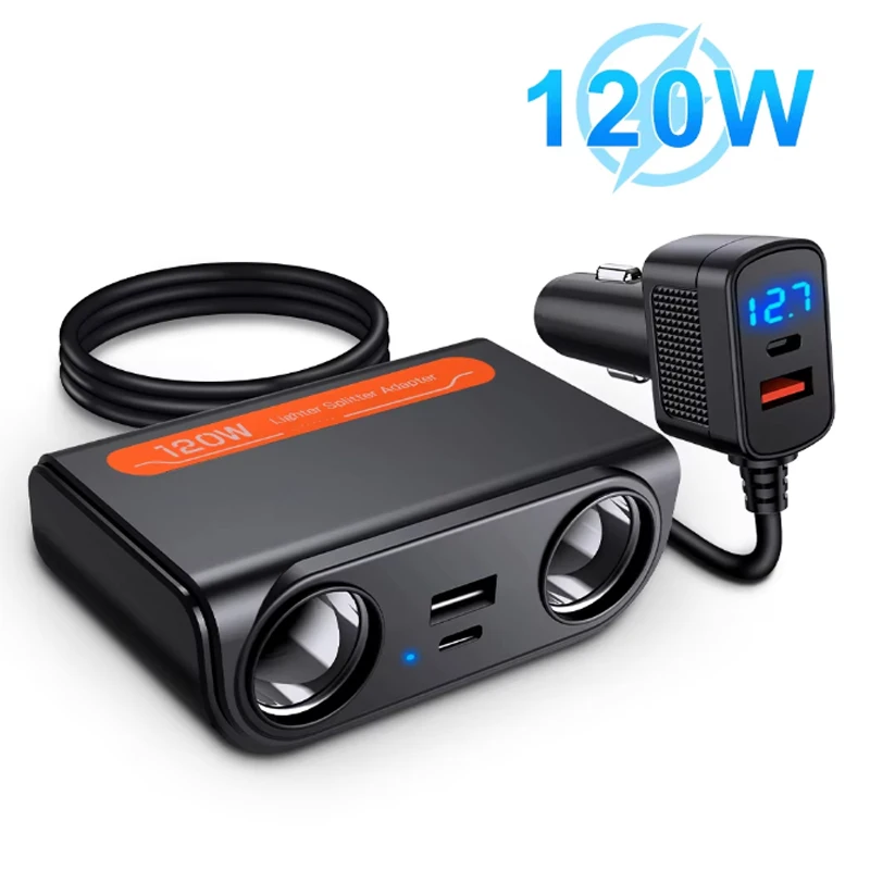 120W Car Cigarette Lighter Adapter PD QC USB Fast Charge Plug Splitter Ports Socket LED Voltmeter Electric Auto Accessories