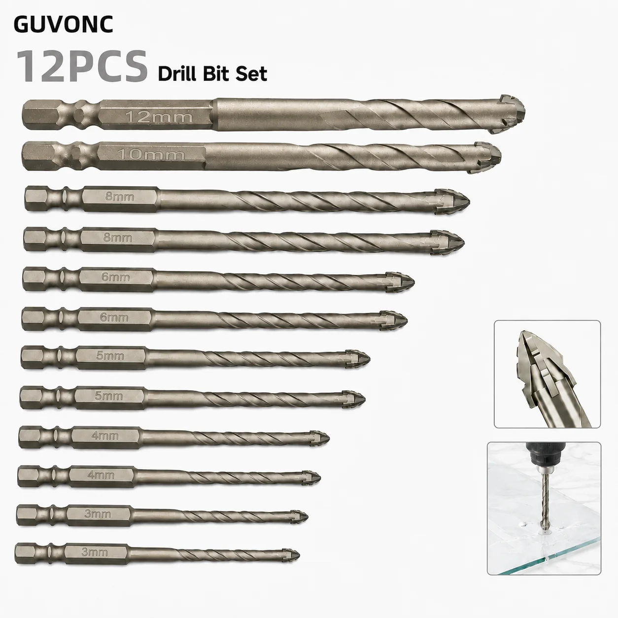 12Pcs Carbide Tip Drill Bit Set 3/4/5/6/8/10/12mm Hex Shank Spiral Flute for Tile Glass Marble Wood Brick Wall