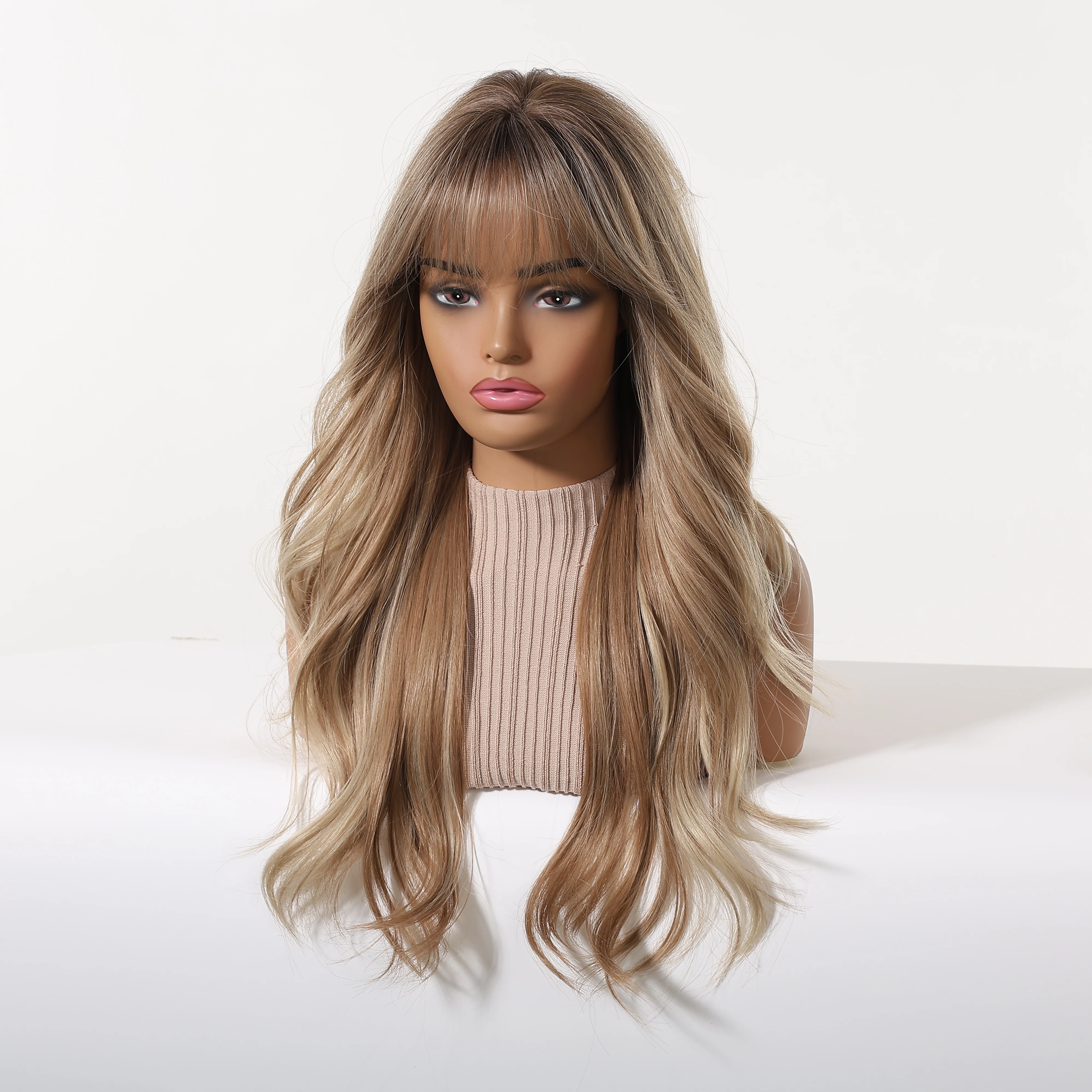 Light Brown Blonde Wig With Bangs Long Body Wave Style Dirty Blonde with Dark Roots Synthetic Heat Resistant Fiber for Woman