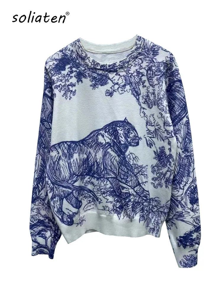 2024 Spring New Luxury Designer Printed Sweater Women Animal Floral Pattern Pullover Sweater Classic Crew Neck Knit Tops C-069