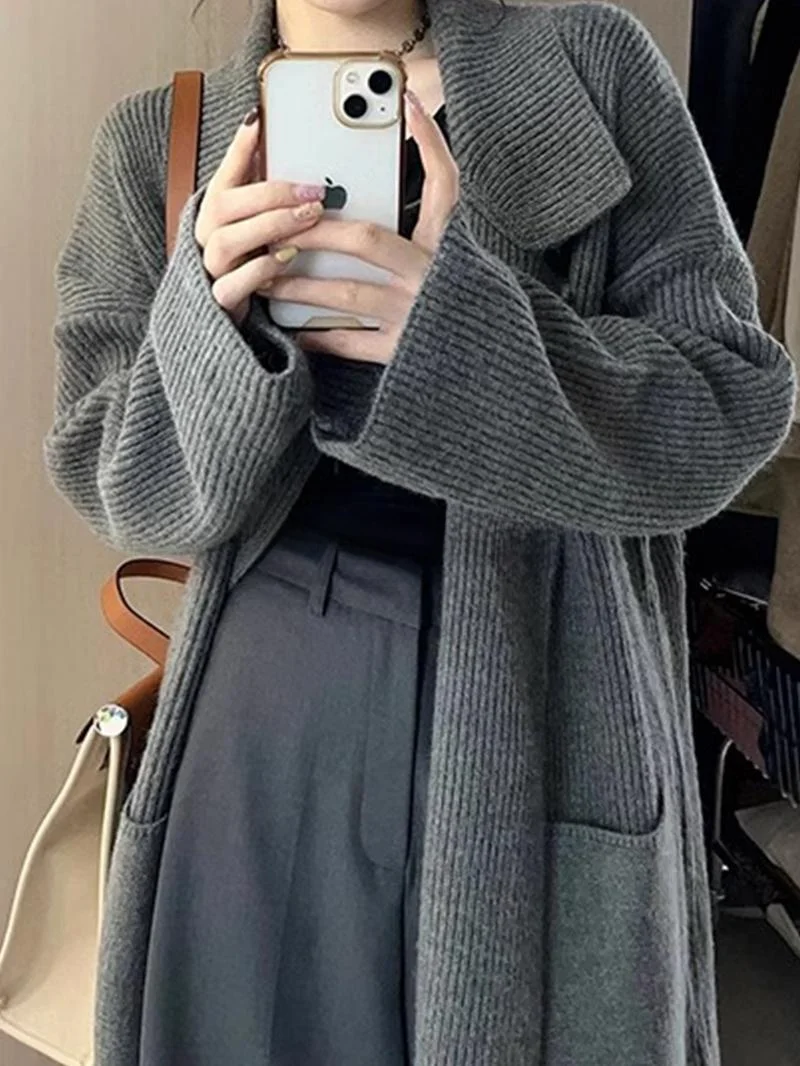 

ROUJE KEFSS Grey Oversized Knitted Cardigan Women's Autumn Winter Outerwear Long Sleeve Turn-down Collar Loose Knitwear