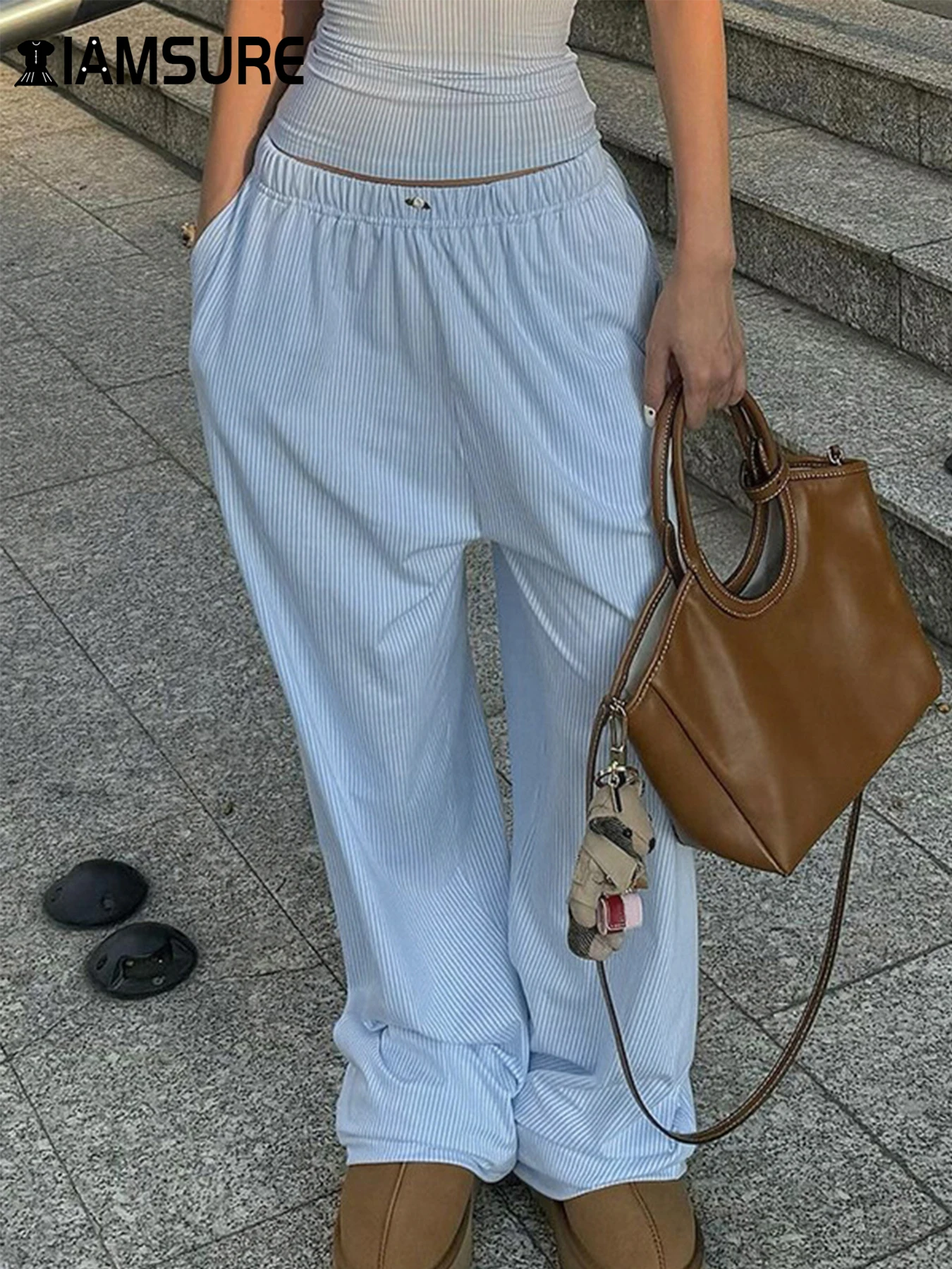 

IAMSURE Sweet Casual Loose Striped Wide Leg Pants Basic Solid Mid-Waisted Straight Pants Women 2024 Autumn Spring Streetwear