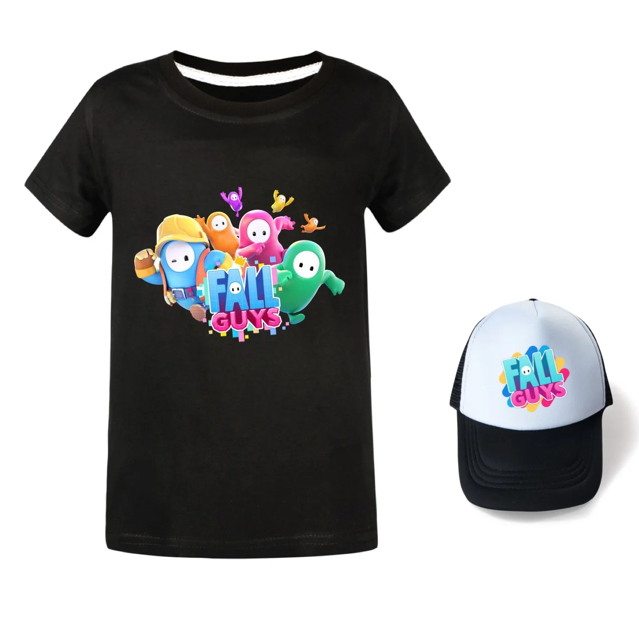 Game Fall Guys Jellybean Costume T-shirt for Children Girl Cartoon Cotton Tees Anime Summer Clothes O-neck Short Sleeve Gift+hat