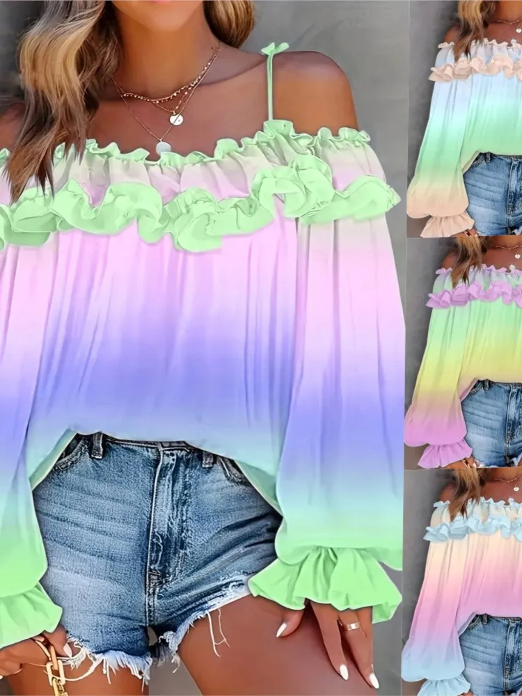 Fashion Off-shoulder Lace-Up Blouse Women Casual Loose Top Spring Autumn Long Sleeve Gradient Print Shirt Ruffles Vacation Style