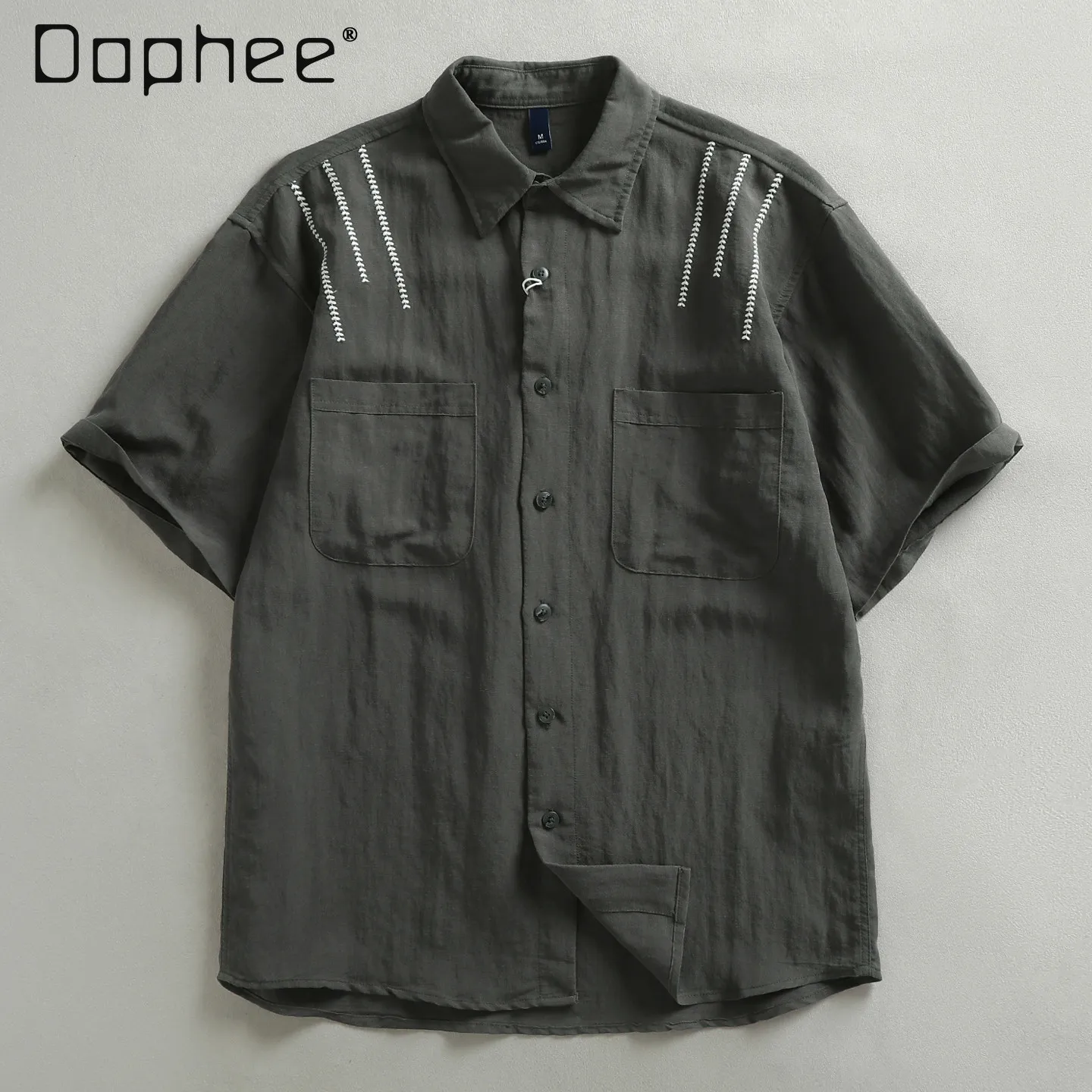 Summer Men's Western Style Coffee Embroidered Shoulder Shirt Lapel Pocket Short Sleeve Loose Casual Gray Daily Wear for Men