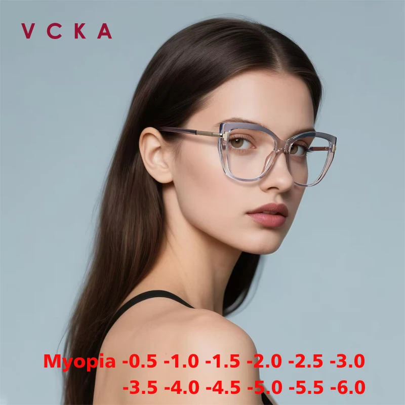 

VCKA TR90 женские очки для близорукости прогрессивные двухцветные очки в большой оправе модные очки с защитой от синего света по рецепту от -0,50 до -6,0