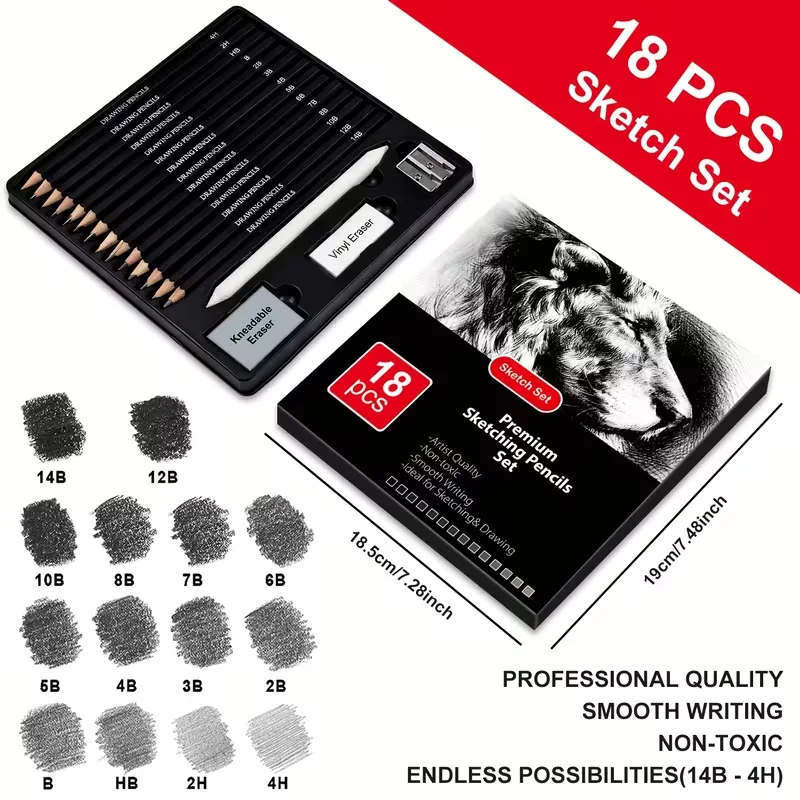 Brutfuner 18/29 Pro Professional Artist Sketching & Drawing Pencil Set with Charcoal, Erasers, Sharpener & Stumps