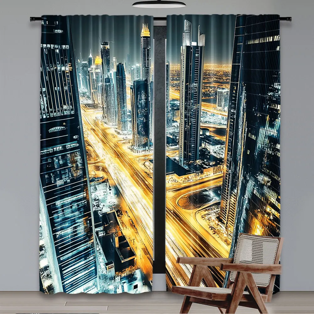 2Pcs Big City Curtain Chicago City Skylines Building Aerial View Chicago Downtown Usa Urban Evening City For Living Room Bedroom