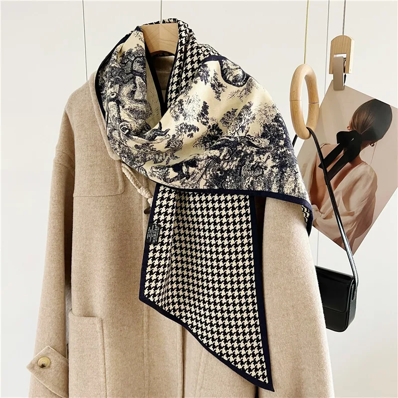 

Brand Design Silk Wool Scarf Double Layer Women Big Skinny Fashion Lady Print Warm Scarf Shawl