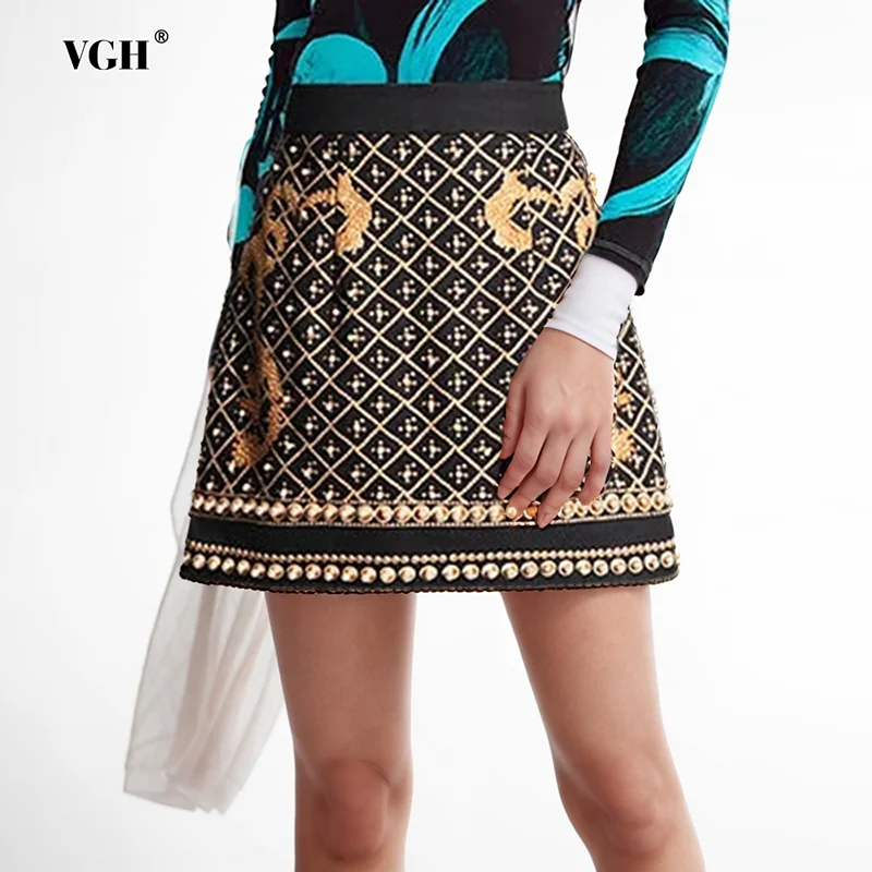 VGH Sexy Hit Color Printing Patchwork Pearls Skirt For Women High Waist Spliced Zipper Bodycon Skirts Female Clothing Fashion