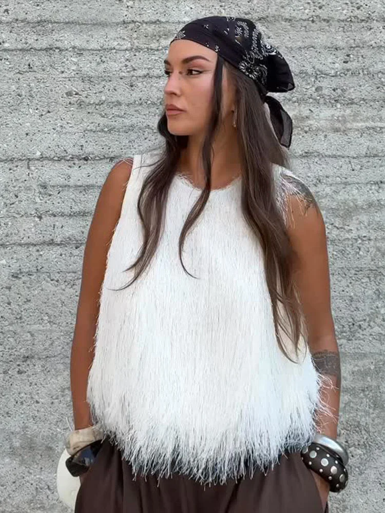 

HH Female New Fashion O-Neck Lining Solid Slim Sexy Short Tops Women Summer Elegant Tassel Decorated Street Style Vest Top