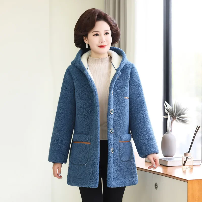 2024 New Winter Coat Middle-aged And Elderly Women's Jackets Korean Mid-Long Hooded Single-breasted Plush Thick Warm Overcoat