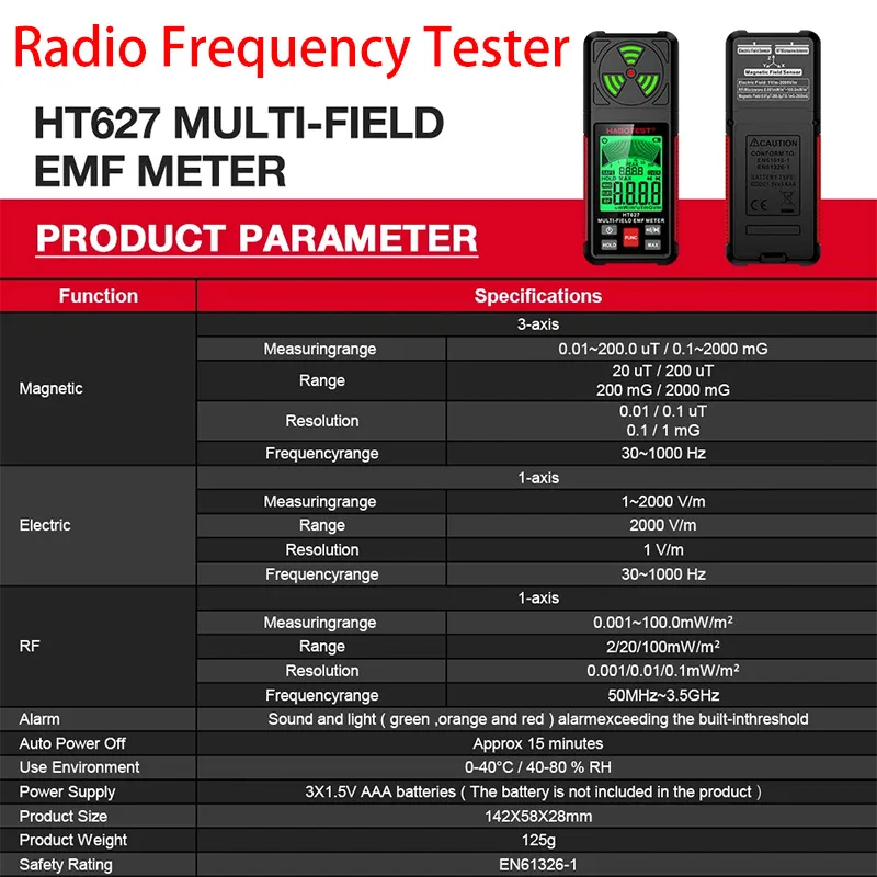 3 in 1 Electromagnetic Radiation Tester Portable Handheld Portable Radio Frequency Field Tester Portable Digital EMF Meter HT627