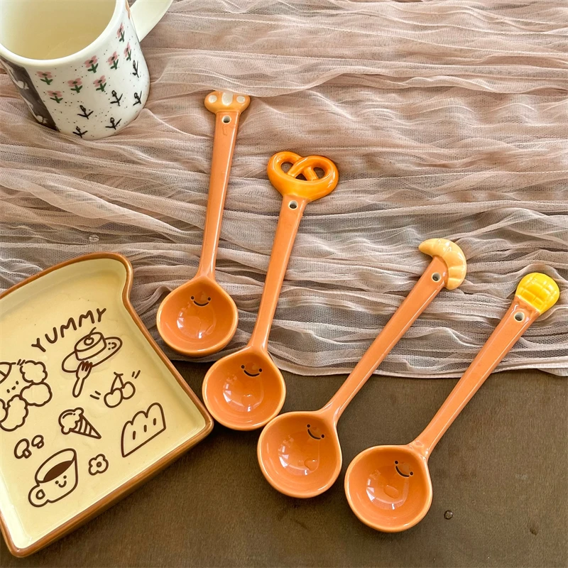 Cute Cake Ceramic Soup Spoon Kawaii Korean Ice Cream Hand Painted Dessert Spoon With Long Handle Kitchen Tableware Accessories