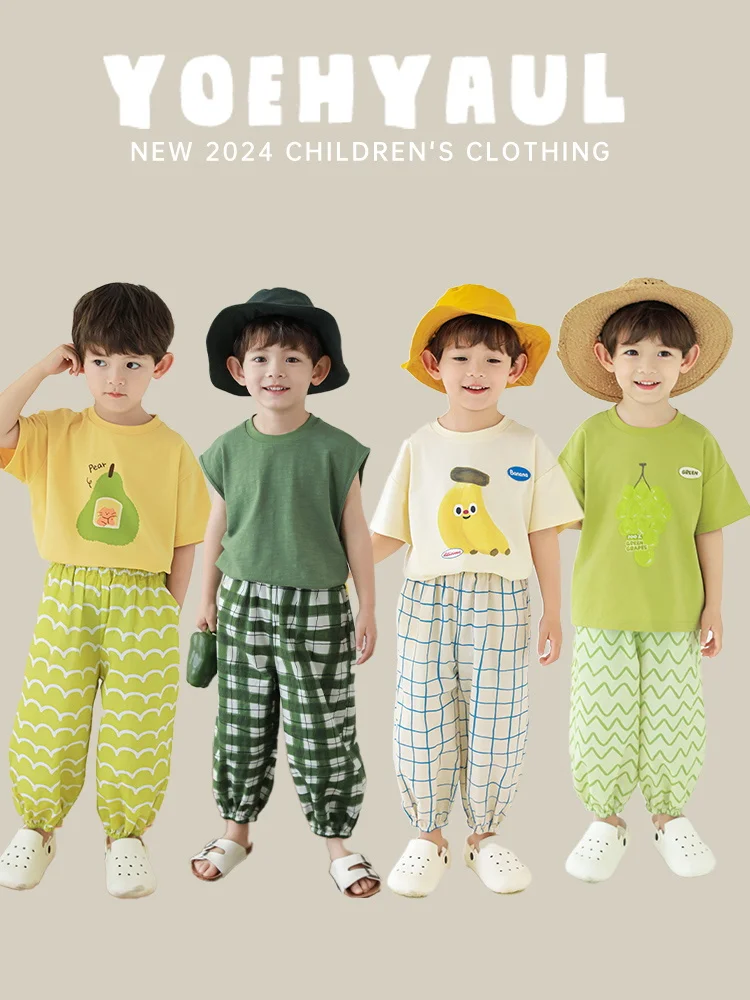 

Boys' New Summer Checkered Printed Loose Casual Pants Lightweight Breathable Fashionable Children's Cropped Pants