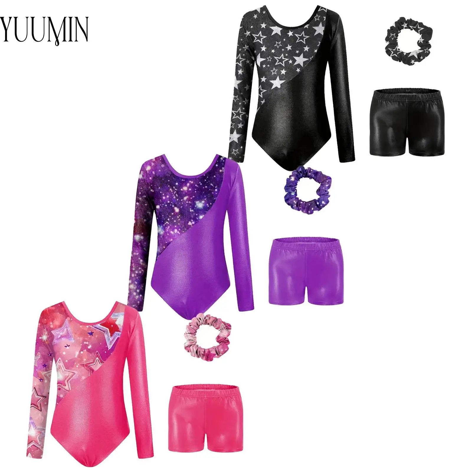 

3Pcs Kids Girl Gymnastics Outfit Long Sleeve Star Printed Leotard+Shorts+Hair Band Suit for Ballet Dance Performance Competition