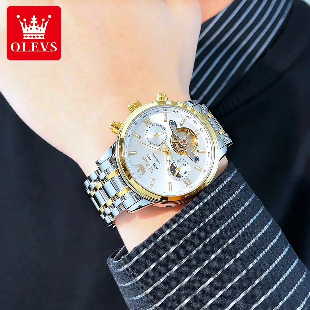 ساعات رجال الأعمال OLEVS من الفولاذ المقاوم للصدأ موضة أصلية ساعة يد ميكانيكية أوتوماتيكية مقاومة للماء تقويم مرحلة القمر جديد