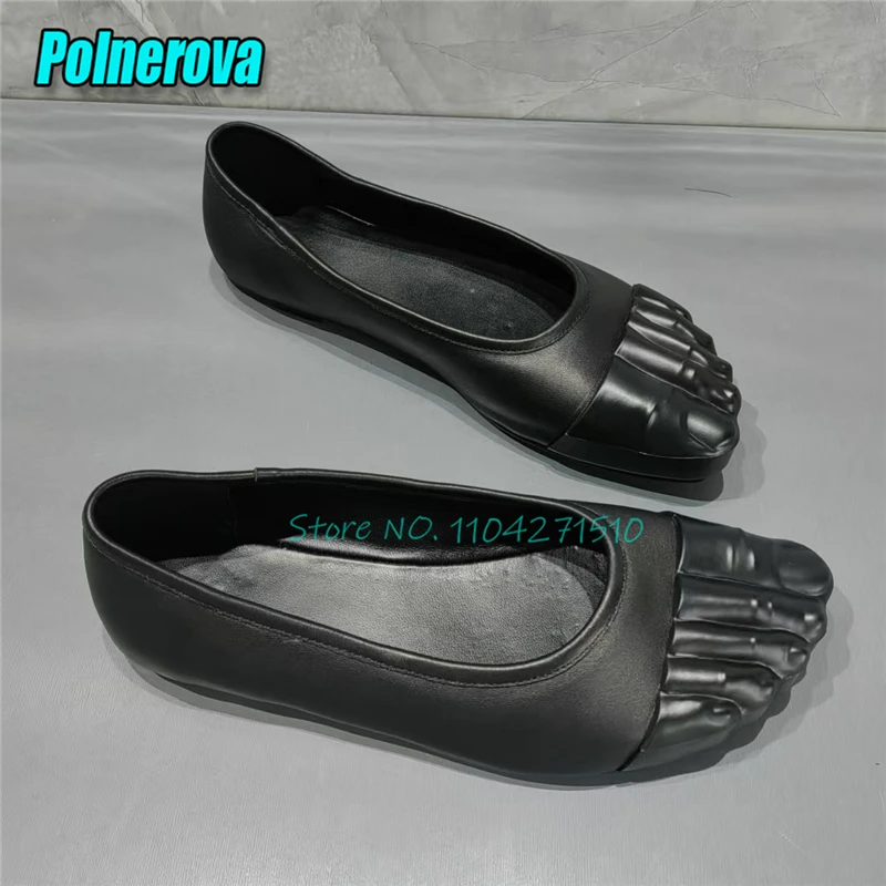Novelty Five Finger Design Casual Flat Shoes Black Genuine Leather Shallow Slip-On Loafers Summer New Comfortable Walking Shoes