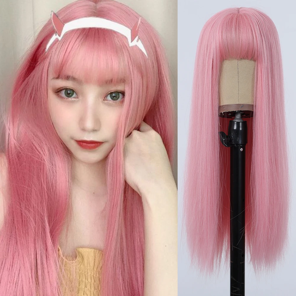 Pink Anime Cosplay Hair Wig with Bangs for Women Long Silky Straight Pink Synthetic Wigs for Girls Party Halloween Daily Use