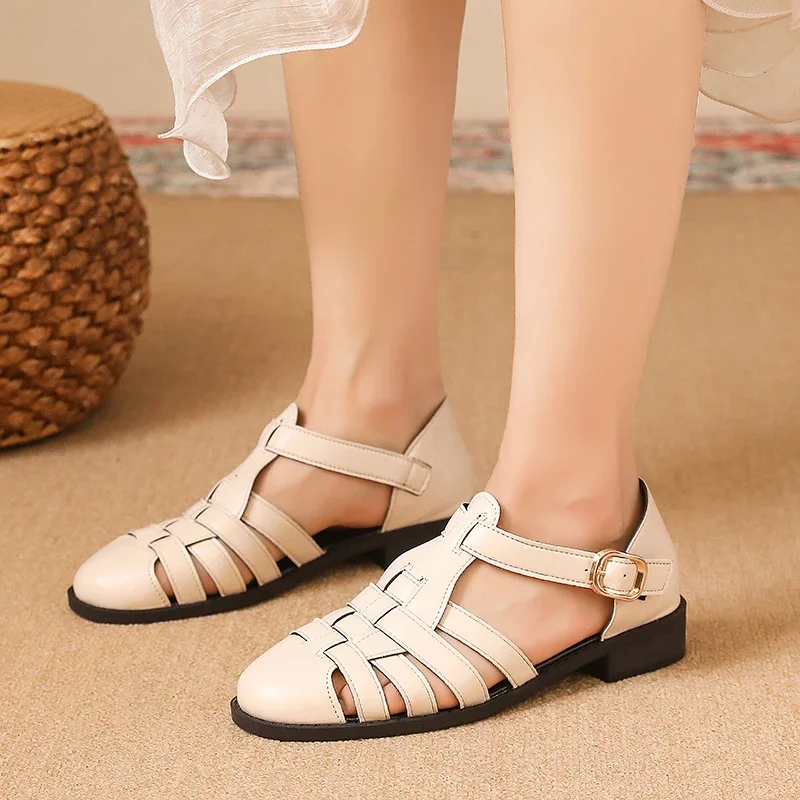 

Women's Flat Sandals Round Toe Buckle Strap Narrow Band Shoes for Women Dress Roman Retro Solid Breathable Zapatillas De Mujer