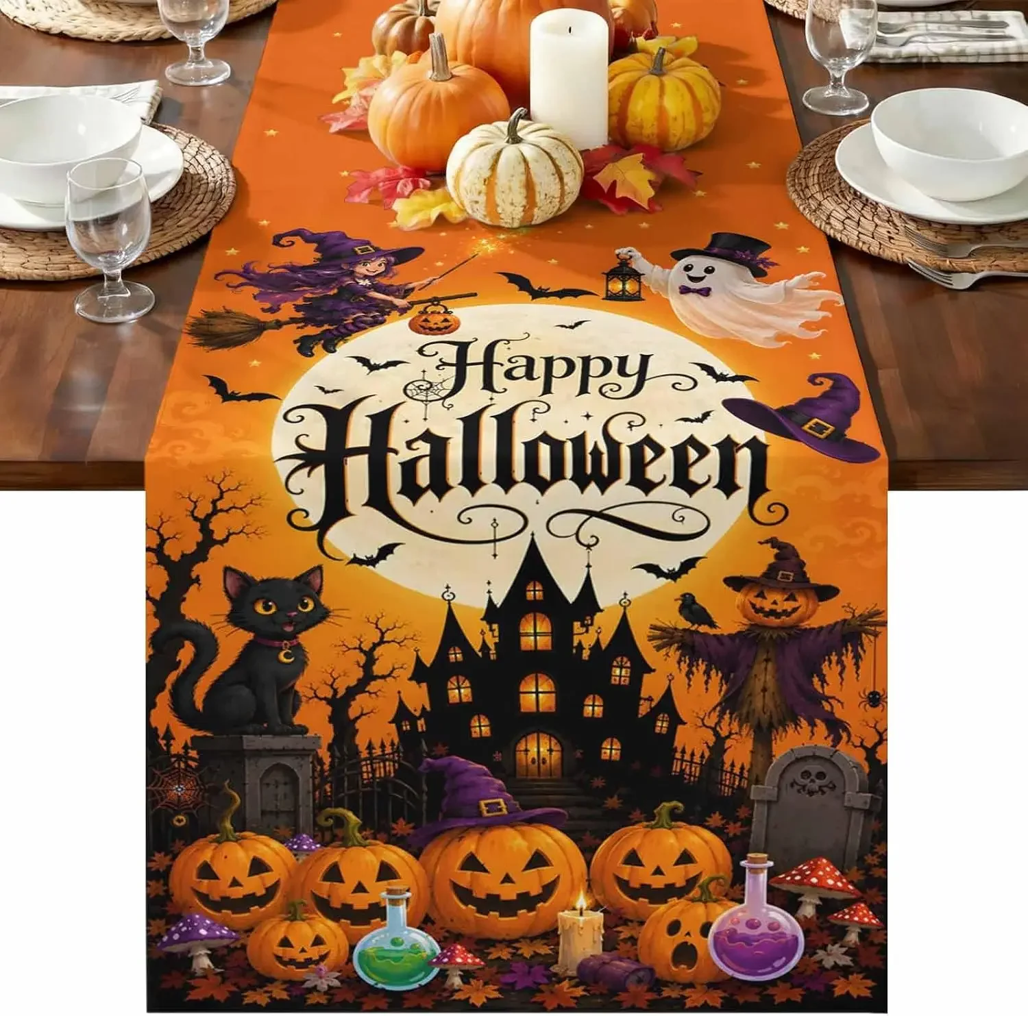 1Pc Halloween Style Table Runner Orange And Black Happy Halloween Text With Pumpkin Witch Ghost Castle Print Table Cover For Din
