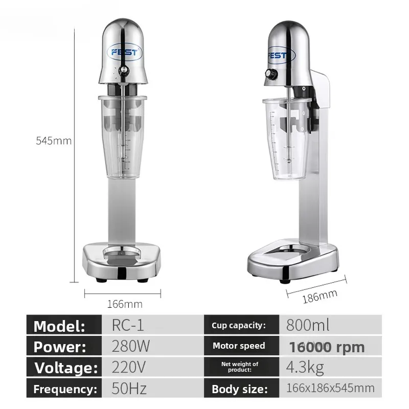 Milkshake Mixer Stainless Steel Drink Blender 300W Single Head with Dual 800ml Cups Three Speeds Copper Motor for Quiet Cafe Use