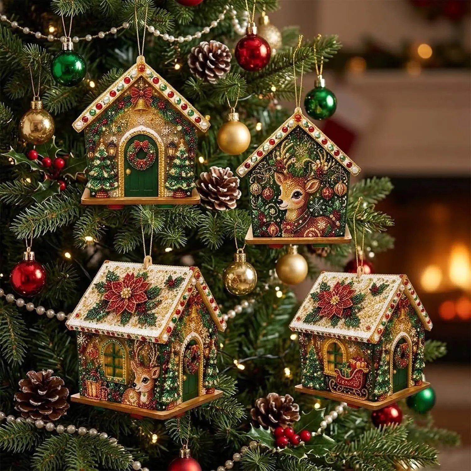 Christmas Tree Small 3D Wooden HouseDIY Craft Toy Elk Santa Claus Garland Diamond Pearl Art Handicraft Kit Pendant Party Gifts