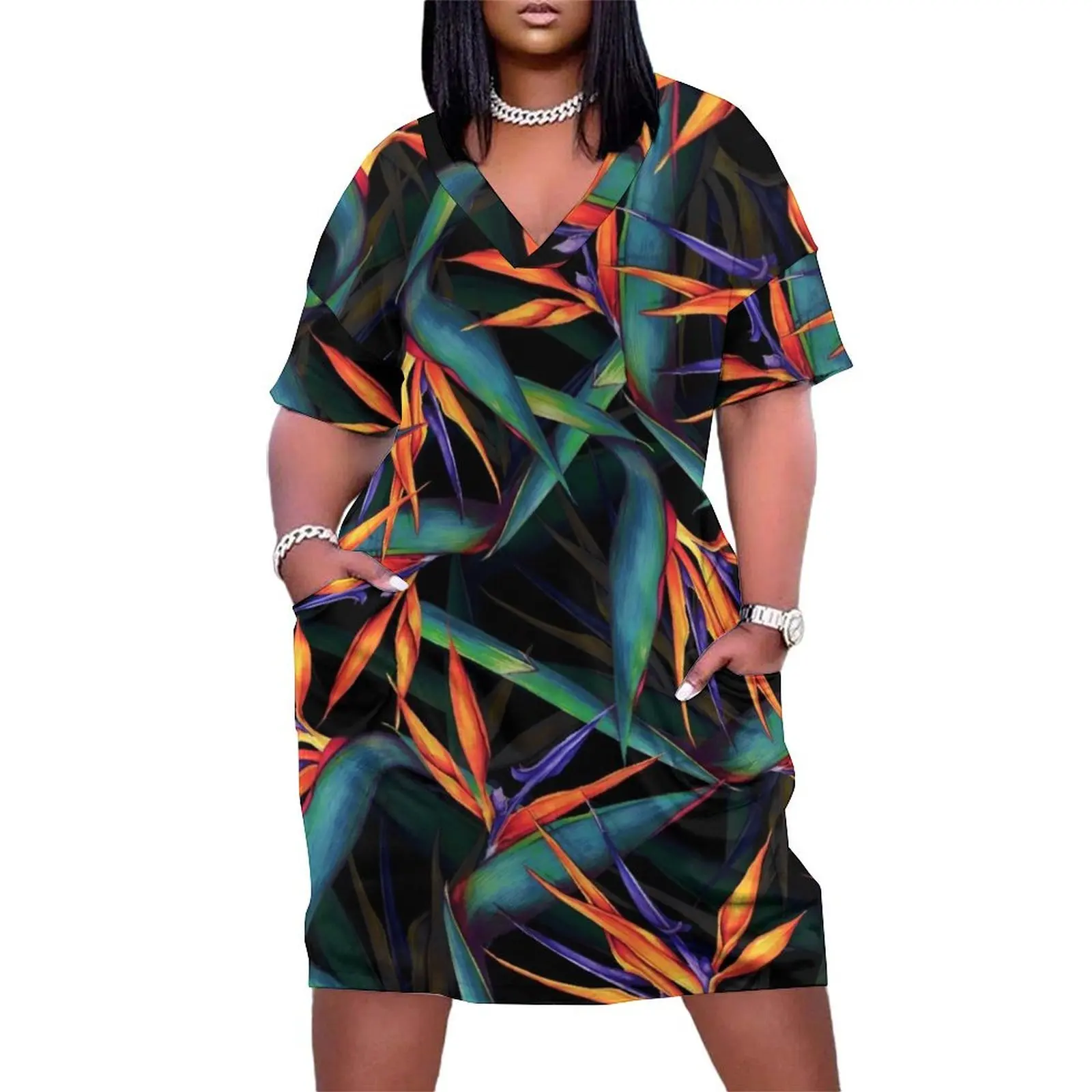 

Tropical Leaf Pattern Loose Pocket Dress Party dresses for women dresses with long sleeves women's summer jumpsuit