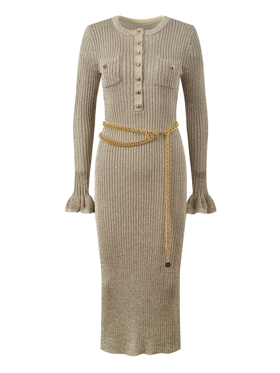 

Ele Knitted Long Sve round Ne Slimming Dr with Waist Chain Autumn Winter New Sle Faionable Casual Dr