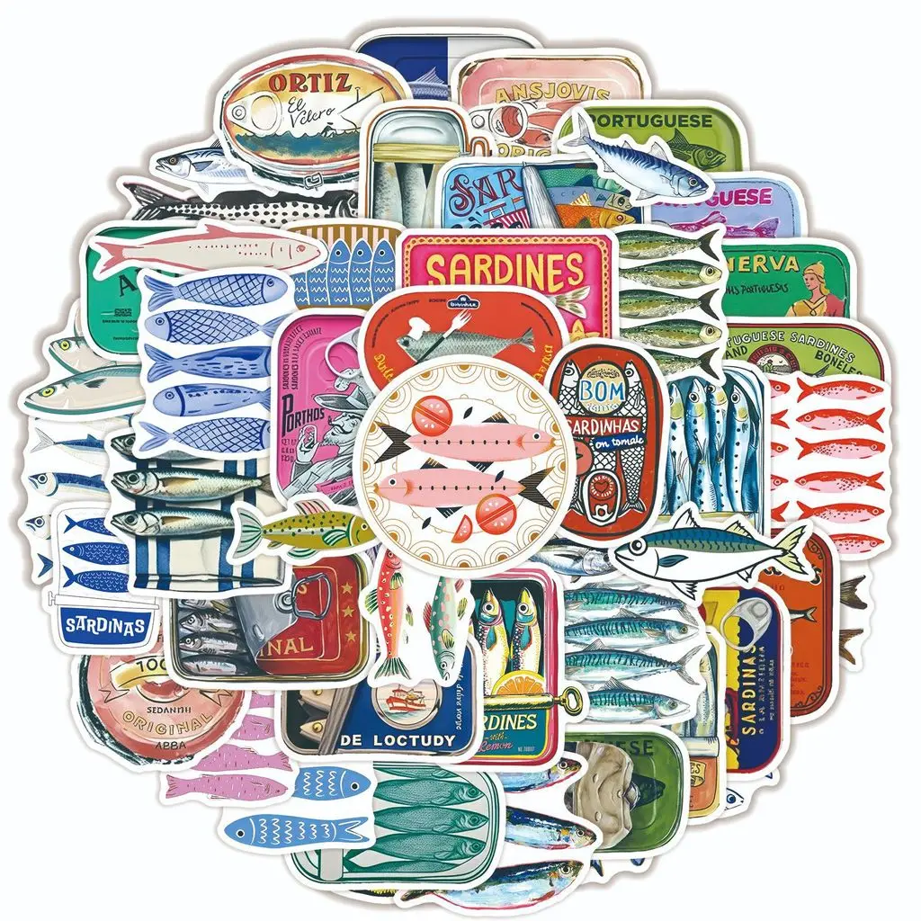 50Pcs Ins Style Sardine Illustration Aesthetic Stickers Waterproof for Diary Journal DIY Decor Giajar Sticker Store