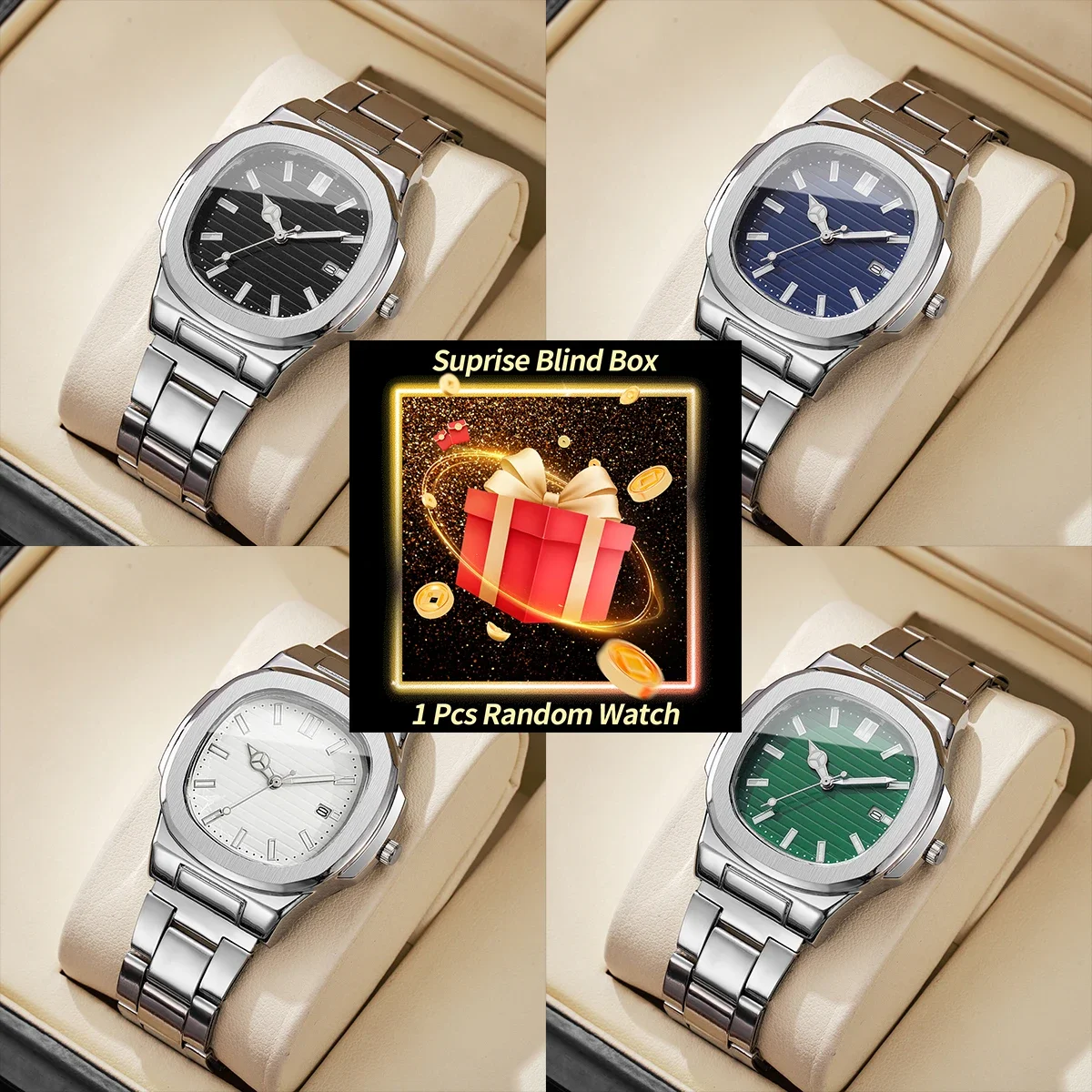 1PC Surprise Watch Mystery Box-Fashion Square Men Business Watches Stainless Steel Calendar Quartz Watch （Without Box）