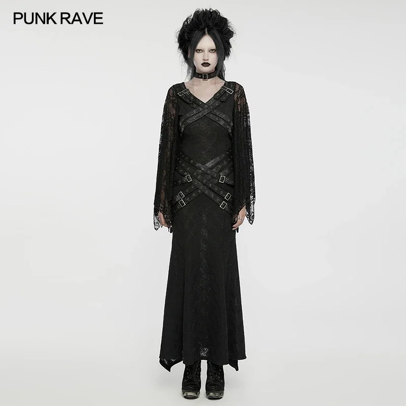 PUNK RAVE Women's Gothic Bat Sleeves V-neck Visual Dress Punk Daily Styling Novel Beautiful Party Club Black Long Dresses